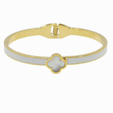 100012, MOTHER OF PEARL CLOVER ACCENT ENAMEL STAINLESS STEEL BRACELET