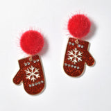 100124, GLITTER CHRISTMAS GLOVES WITH FUR BALL DANGLE EARRING