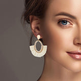 100148, RAFFIA TASSEL OVAL DANGLE EARRING