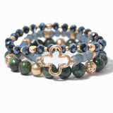 100155, MULTI LAYERED CUTOUT CLOVER ACCENT BEAD STRETCH BRACELET