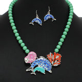 100224, DOLPHIN SEA LIFE ENAMEL RHINESTONE BEADED NECKLACE