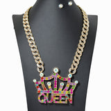 100241, "QUEEN" CROWN CRYSTAL RHINESTONE NECKLACE