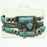 100308, SILVER BURNISHED/TURQUOISE WESTERN NAVAJO BEADED MULTI LAYERED STRETCH BRACELET