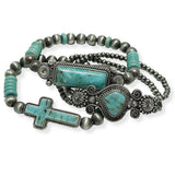 100308SILVER BURNISHED/TURQUOISE WESTERN NAVAJO BEADED MULTI LAYERED STRETCH BRACELET