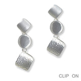 100337, GEOMETRIC TEXTURED METAL DROP DANGLE CLIP ON EARRING
