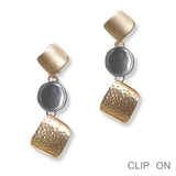 100337, GEOMETRIC TEXTURED METAL DROP DANGLE CLIP ON EARRING