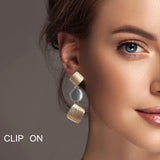 100337, GEOMETRIC TEXTURED METAL DROP DANGLE CLIP ON EARRING