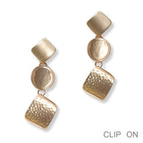 100337, GEOMETRIC TEXTURED METAL DROP DANGLE CLIP ON EARRING