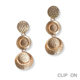 100341, GEOMETRIC TEXTURED METAL DROP DANGLE CLIP ON EARRING