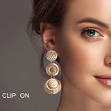100341, GEOMETRIC TEXTURED METAL DROP DANGLE CLIP ON EARRING