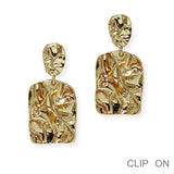 100348, GEOMETRIC TEXTURED METAL DANGLE CLIP ON EARRING