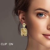 100348, GEOMETRIC TEXTURED METAL DANGLE CLIP ON EARRING