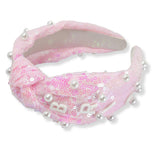 100399, "BRIDE" PEARL ACCENT SEQUIN KNOTTED HEADBAND