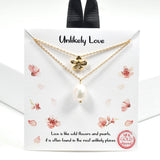 100412, GOLD DIPPED, "UNLIKELY LOVE"DAINTY FRESHWATER PEARL & FLOWER DOUBLE LAYERED NECKALCE