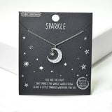 100514, WHITE GOLD DIPPED, "SPARKLE" DAINTY CRESCENT MOON CZ CHARM NECKLACE