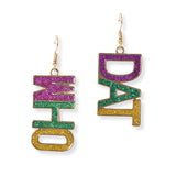 100566, "WHO DAT" MARDI GRAS GLITTER DANGLE EARRING