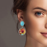 100597, TURQUOISE ACCENT ROUND RHINESTONE DANGLE EARRING