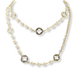 100635, CLOVER ACCENT LONG PEARL DESIGNER INSPIRED NECKLACE