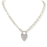 100645, HEART CUBIC ZIRCONIA DESIGNER INSPIRED PAPER CLIP CHAIN NECKLACE