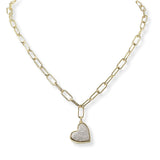 100646, HEART MICRO PAVE CUBIC ZIRCONIA DESIGNER INSPIRED PAPER CLIP CHAIN NECKLACE