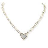 100647, HEART MICRO PAVE CUBIC ZIRCONIA DESIGNER INSPIRED PAPER CLIP CHAIN NECKLACE