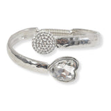 100689, HEART RHINESTONE METAL OPEN BANGLE BRACELET