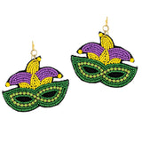 100722, MARDI GRAS MASK SEED BEADED DANGLE EARRING