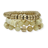 100816, MULTI LAYERED WOOD & SEMI PRECIOUS STONE BEADED STRETCH BRACELET