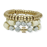 100816, MULTI LAYERED WOOD & SEMI PRECIOUS STONE BEADED STRETCH BRACELET