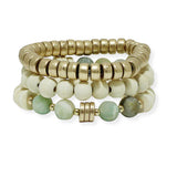 100816, MULTI LAYERED WOOD & SEMI PRECIOUS STONE BEADED STRETCH BRACELET