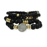 100917, DRUZY STONE MULTI LAYERED WOOD BEADED STRETCH BRACELET