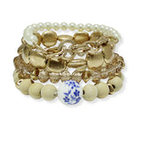 100919, BLUE FLORAL CERAMIC ACCENT MULTI LAYERED BEADED STRETCH BRACELET