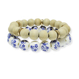 100921, BLUE FLORAL CERAMIC MULTI LAYERED WOOD BEADED STRETCH BRACELET