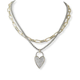 100933, HEART CUBIC ZIRCONIA CHARM DESIGNER INSPIRED DOUBLE LAYERED NECKLACE