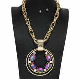 100970, GEOMETRIC RHINESTONE ACCENT ROUND METAL NECKLACE