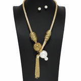 100972, RHINESTONE BALL WITH PEARL TASSEL DROP NECKLACE