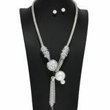 100972, RHINESTONE BALL WITH PEARL TASSEL DROP NECKLACE