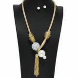 100972, RHINESTONE BALL WITH PEARL TASSEL DROP NECKLACE