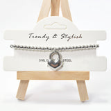 101006, HEART LOCK CHARM STAINLESS STEEL BALL BEADED STRETCH BRACELET