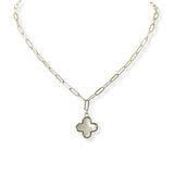 101031, 14K GOLD PLATED, MOTHER OF PEARL CLOVER CHARM PAPERCLIP DESIGNER INSPIRED NECKLACE