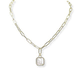 101032, 14K GOLD PLATED, GEOMETRIC MOTHER OF PEARL CHARM PAPERCLIP DESIGNER INSPIRED NECKLACE
