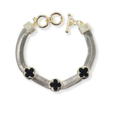 101064, 14K GOLD PLATED, DESIGNER INSPIRED CLOVER ACCENT SNAKE CHAIN TOGGLE BRACELET