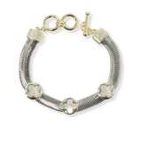 101064, 14K GOLD PLATED, DESIGNER INSPIRED CLOVER ACCENT SNAKE CHAIN TOGGLE BRACELET