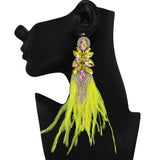101093, RHINESTONE WITH FEATHER LONG EARRING