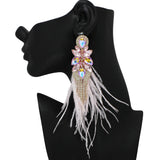 101093, RHINESTONE WITH FEATHER LONG EARRING