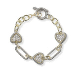 101161, 14K GOLD PLATED, HEART CUBIC ZIRCONIA DESIGNER INSPIRED TOGGLE BRACELET
