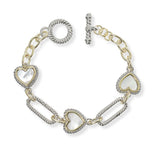 101161, 14K GOLD PLATED, HEART CUBIC ZIRCONIA DESIGNER INSPIRED TOGGLE BRACELET