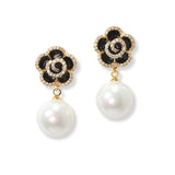 101192, ROSE FLOWER CUBIC ZIRCONIA ACCENT PEARL DANGLE EARRING