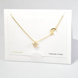 101244, 14K GOLD DIPPED, DAINTY STAR & MOON CUBIC ZIRCONIA CHARM NECKLACE