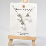 101272, PEARL & PAVE TRIANGLE STAINLESS STEEL PENDANT NECKLACE SET